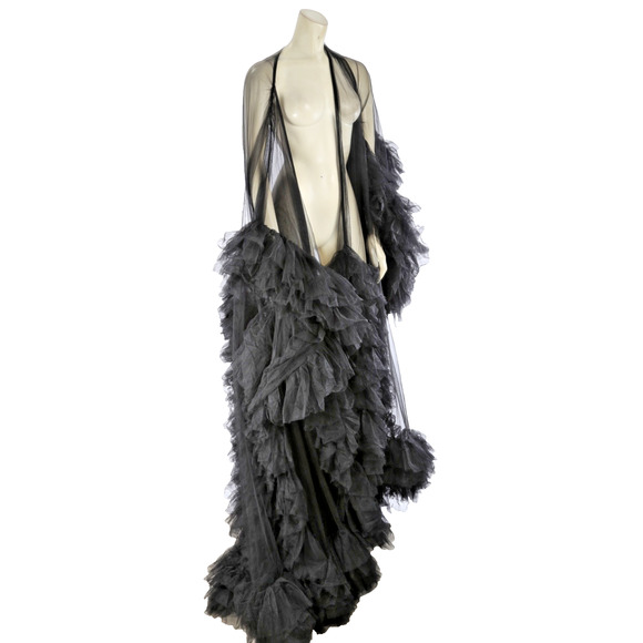 Black Sheer Tulle Puffy Robe Gown Dramatic Layered Boudoir Photoshoot Dress S - Picture 14 of 16